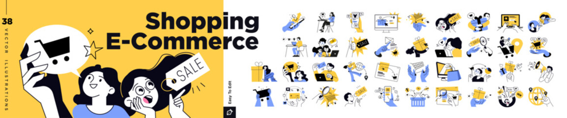 Shopping and ecommerce concept illustrations. Vector illustrations of online shopping, ecommerce, sale, social media, internet marketing, online store, for graphic and web design.