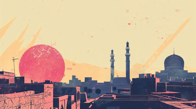 Risograph retro riso print travel poster, card, wallpaper or banner illustration, modern, isolated, clear, simple of Tikrit, Iraq. Artistic, screen printing, retro, vintage