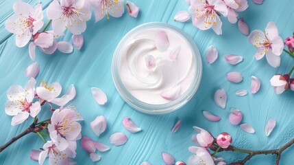 Cherry blossoms cosmetic cream on blue wood