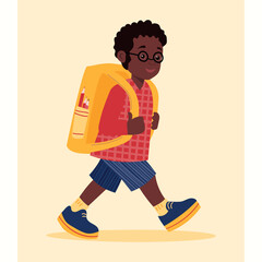 The vector illustration of a little black boy with glasses and with a bright smile, wearing a vibrant yellow backpack, going to scool. Textured. For stickers, postcards