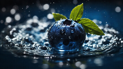 A fresh blueberry diving into clear water, surrounded by a burst of bubbles and ripples, highlighting the berry's smooth surface and deep blue color, Photography, using a macro lens and high-speed fla