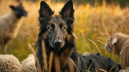 Fototapeta premium Belgian Shepherd herding sheep