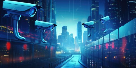 cctv city street security camera surveillance system for motion and face identity detection or recognition sensor, live monitoring and guard recording footage concept 