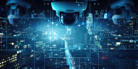 Naklejka premium cctv city street security camera surveillance system for motion and face identity detection or recognition sensor, live monitoring and futuristic recording footage concept