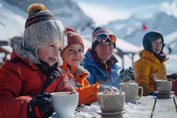 Winter Family Vacation with Children Enjoying Hot Drinks