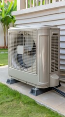 A modern air conditioning unit stands on a patio next to lush greenery, providing comfort in a warm climate
