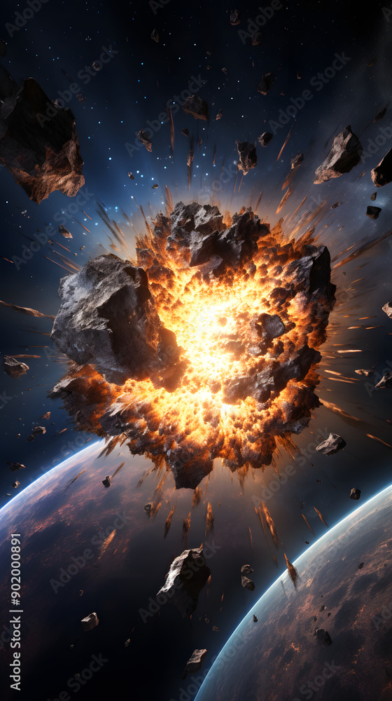 Poster a fiery asteroid collides with a planet, creating a massive explosion and debris field. the impact s