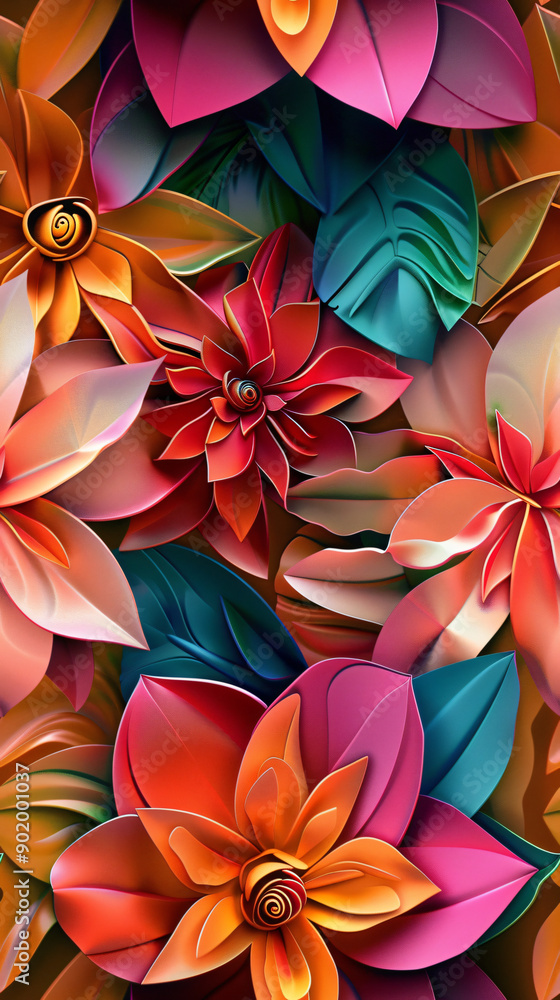 Poster lively and vibrant design featuring a recurring arrangement of colorful paper flowers and leaves