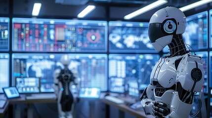 Robots in a command center overseeing daily business operations with multiple screens showing real time status updates and system management in a futuristic office environment