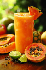 Papaya smoothie with fresh fruits on wooden table, closeup vertical image