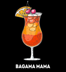Bahama Mama cocktail illustration. Hand drawn sketch. Vector illustration. Isolated object.