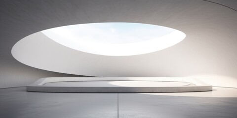 Empty abstract architecture building in minimal concrete design with open space floor courtyard white podium and curved walls museum plaza 