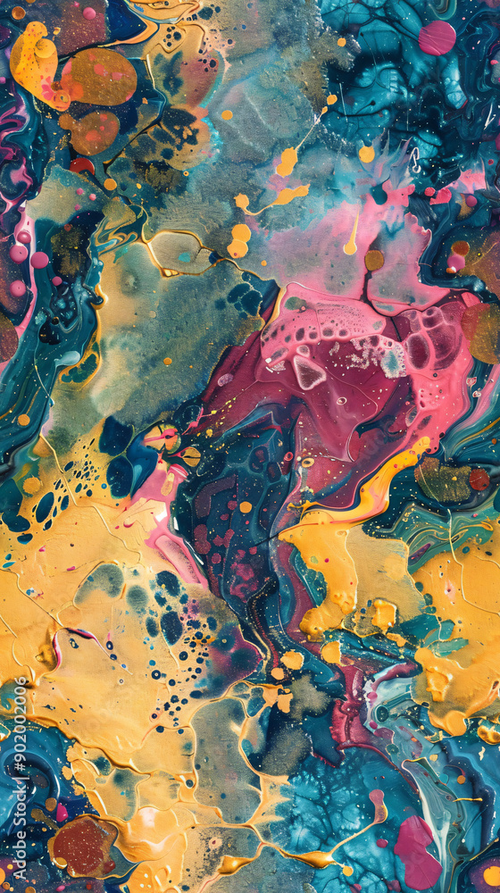 Poster Abstract colorful paint mixing together creating swirls and bubbles