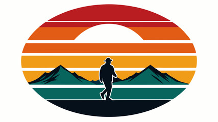 Retro vintage sunset. Black silhouettes of small mountain walking a man on it, Striped circle. Vector design template for logos, badges, banners, and prints, vector illustration 