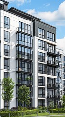 A contemporary residential structure displays multiple balconies, showcasing sleek architecture against a bright blue sky