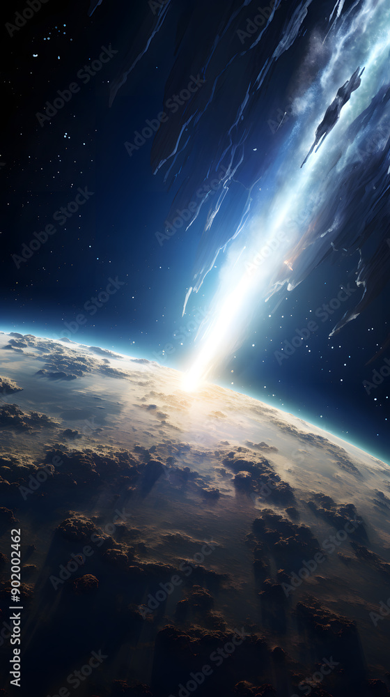 Poster a celestial light beam pierces through the atmosphere, illuminating the earth's clouds and casting l
