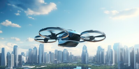 futuristic manned roto passenger drone flying in the sky over modern city for future air transportation and robotaxi concept