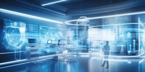 futuristic medical operation or emergency admission ER room with patient surgical diagnosis medical biometric info graphs and hospital services and equipment as wide background