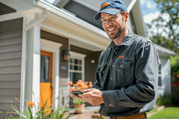 Smiling worker in a uniform holding a smartphone, standing outside a house with a cheerful and professional demeanor.