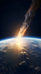 Obraz premium A fiery meteor streaks towards Earth, leaving a trail of smoke and fire as it descends towards the planet's horizon. The sun shines through the clouds.