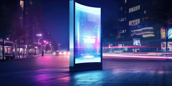 futuristic modern design of public area information signboard neon screen as touchscreen interactive blank empty white billboard or menu smart kiosk machine as street advertisement display background
