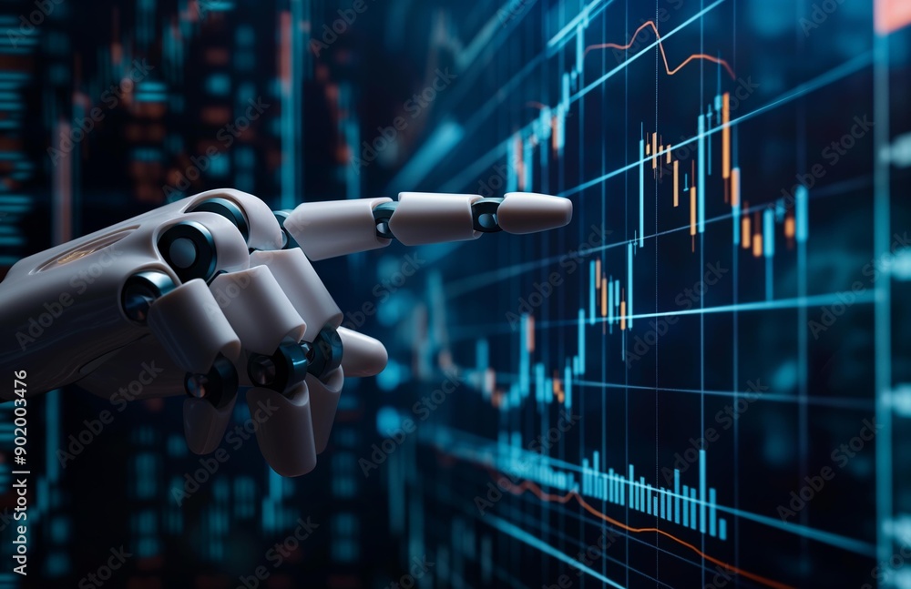 Poster a robotic hand is pointing at a stock market chart with various indicators displayed.