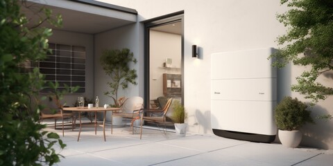 Generic mockup of battery packs alternative electric energy storage system at home garage wall as backup or sustainable energy concept background