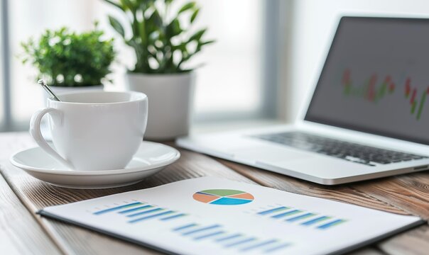 A business workspace with a coffee cup, a laptop, and documents displaying graphs on a wooden table, and plants in the background.
