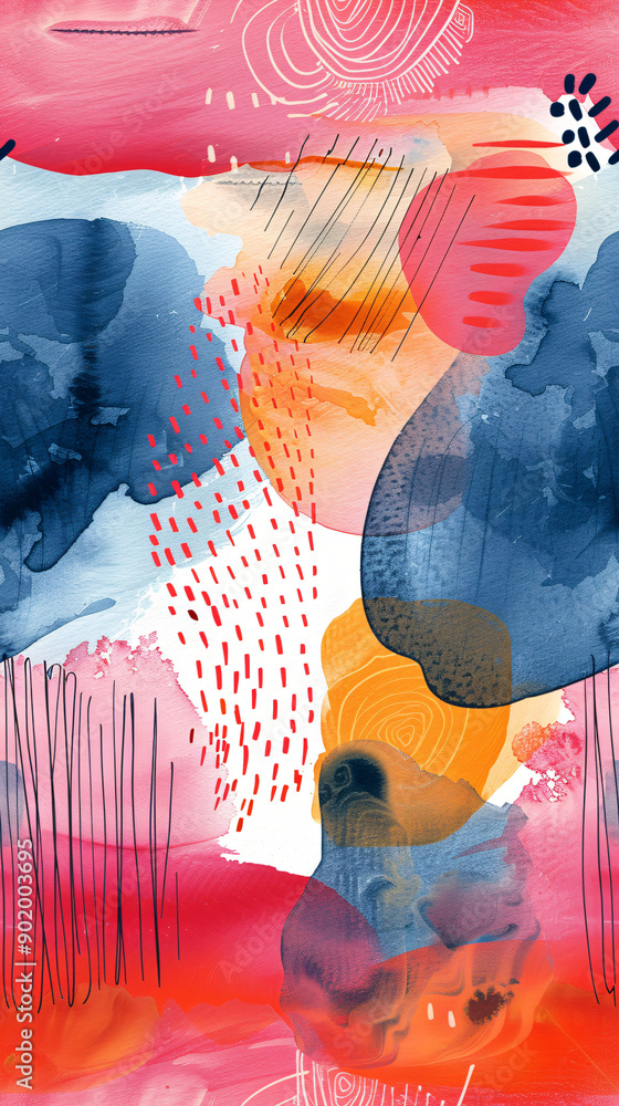 Poster vibrant and modern seamless pattern with a playful blend of abstract shapes, scribbles, and textures
