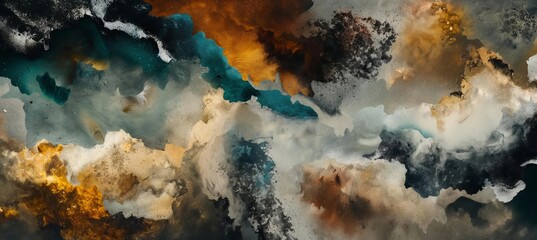 An abstract composition featuring a blend of earthy colors, including shades of brown, gold, teal, black, and white, creating a textured and visually dynamic image.