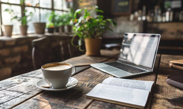 cozy workspace with a cup of coffee on a rustic wooden table, accompanied by an open book and a laptop. The background is filled with potted plants on a window ledge, creating a serene productive . - Powered by Adobe