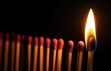 A detailed image showing a series of matches lined up in a row with one match being lit and burning brightly against a dark background.