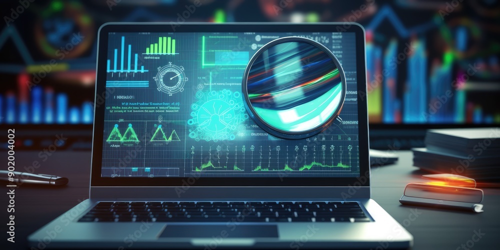 Poster infographic charts analysis of corporate laptop antivirus or phishing malware attach detection and c
