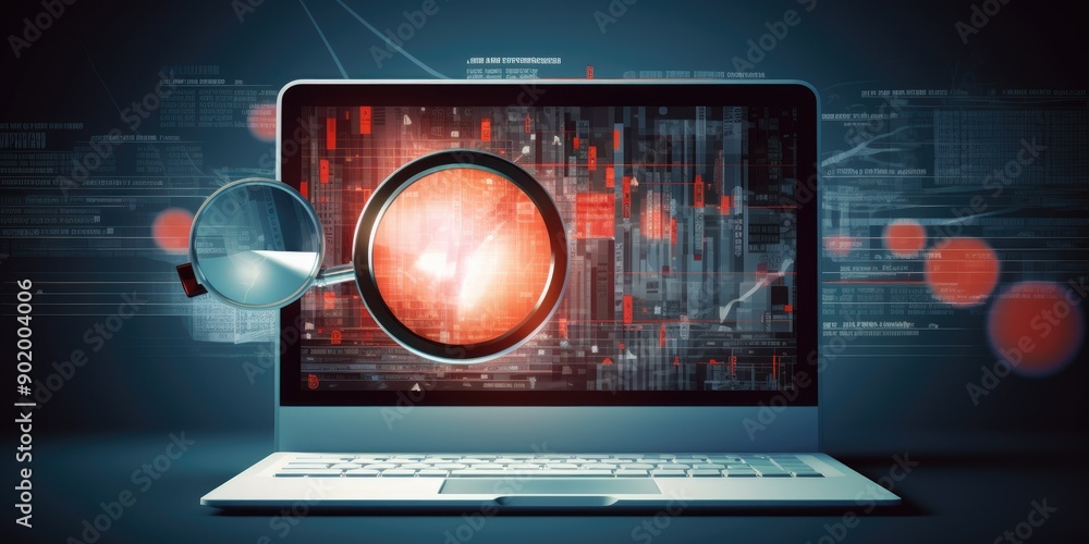Poster infographic charts analysis of corporate laptop antivirus or phishing malware attach detection and c