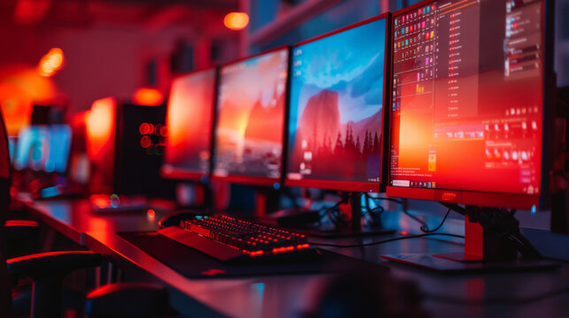 Modern gaming setup with multiple monitors and keyboards in a room illuminated by red ambient lighting.