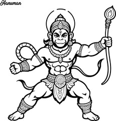 Hanuman hand drawing coloring page and outline vector design