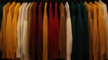A vibrant selection of casual knitwear displayed on wooden hangers in a stylish clothing boutique