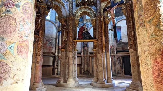 Interior view at the Charola of the Convent of Christ, magnificent Knights Templar architecture, round church altar, paintings and very peculiar ornaments, Tomar Portugal