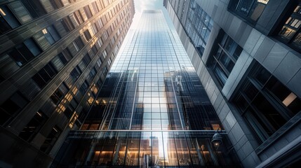 A sleek, glass-walled skyscraper in a bustling urban center