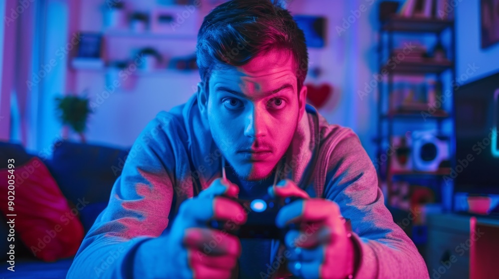 Poster A man is playing a video game with a controller