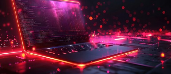 Laptop with Red Glowing Lights and Code
