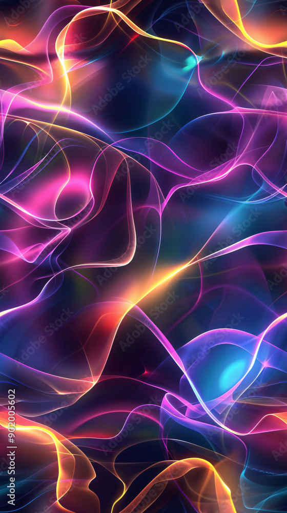 Poster mesmerizing and vibrant abstract seamless pattern with glowing colorful lines on a dark background