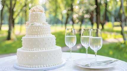 A beautifully decorated three-tiered wedding cake adorned with pearls and a floral accent, set outdoors in a serene garden