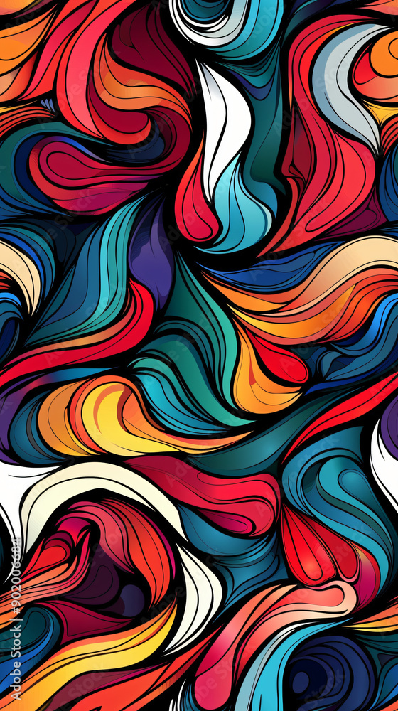 Poster Vibrant abstract seamless pattern with flowing wavy lines and organic shapes, ideal for backgrounds and artistic projects