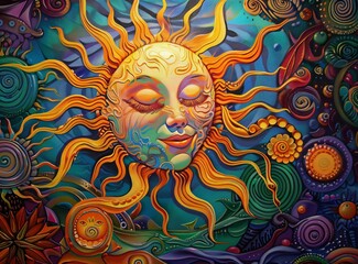 Surreal artwork featuring a smiling sun with a human face, surrounded by vibrant colors and psychedelic designs