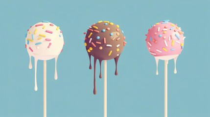 Three delicious cake pops with colorful sprinkles melting on a blue background, perfect for any celebration