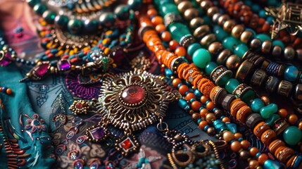 A handmade jewelry project with beaded necklaces and intricate metalwork
