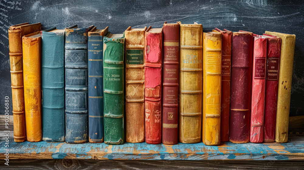 Poster a row of old books with different colors and sizes.