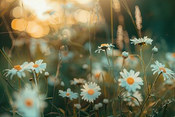 A close-up of small daisies in the foreground, with more blurred white flowers and green grasses behind them The background is bokeh that suggests an open field or meadow Generative AI