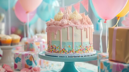 A beautifully decorated baby shower with pastel colors, gifts, and a cake